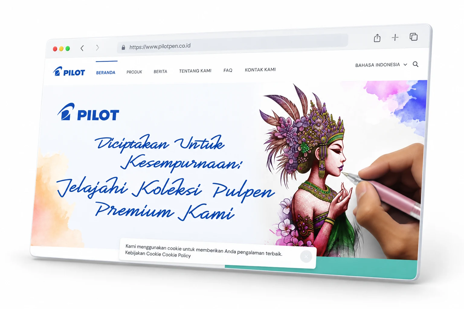 Pilot Pen Indonesia website presented as an editorial browser mockup