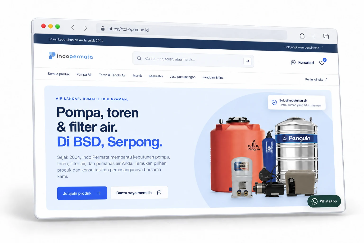 TokoPompa e-commerce website presented as an editorial browser mockup